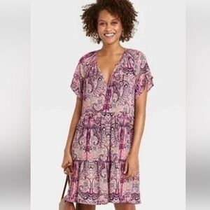 Knox Rose XS Paisley Short Sleeve Dress. V Neck | Loose | Bohemian | Pink